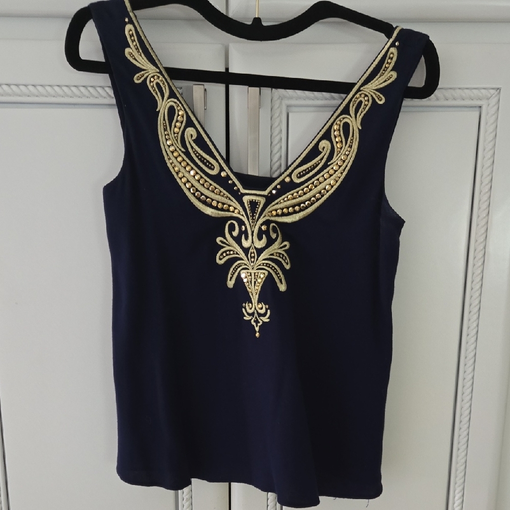 Lilly Pulitzer Navy Camisole with Gold Embroidered V-Neck